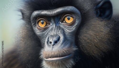  a close up of a monkey's face with yellow eyes. generative ai