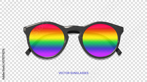 Black sunglasses with rainbow glass. Vector illustration with decorative element for Pride Month design. Black sunglasses with rainbow glass isolated on checkered background.