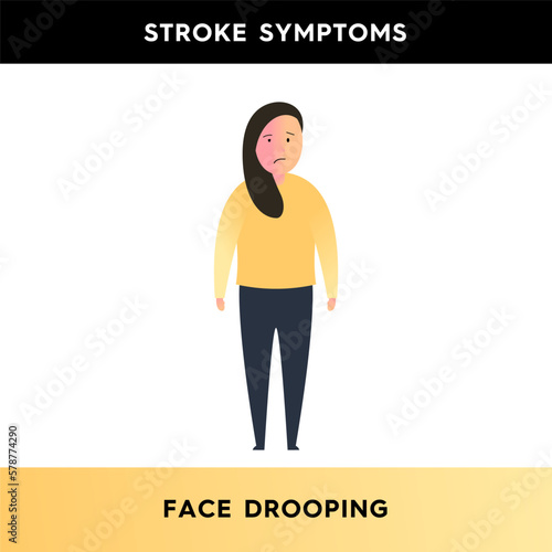 Vector illustration of a man with one part of his face down. The girl's mouth hangs down to one side, giving the impression of a twisted or asymmetrical facial expression. Symptoms of a stroke.
