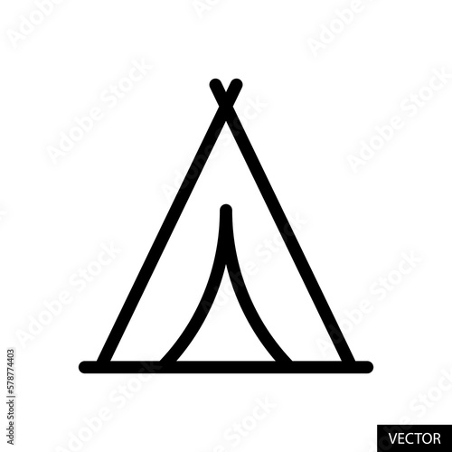 Camping tent, camp, tipi, tepee vector icon in line style design for website, app, ui, isolated on white background. Editable stroke. Vector illustration.