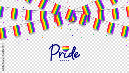 Rainbow garlands and confetti template. Rainbow garlands and colorful confetti isolated on checkered background. Lettering symbol of Pride Month. Vector illustration for decoration of LGBTQ events.