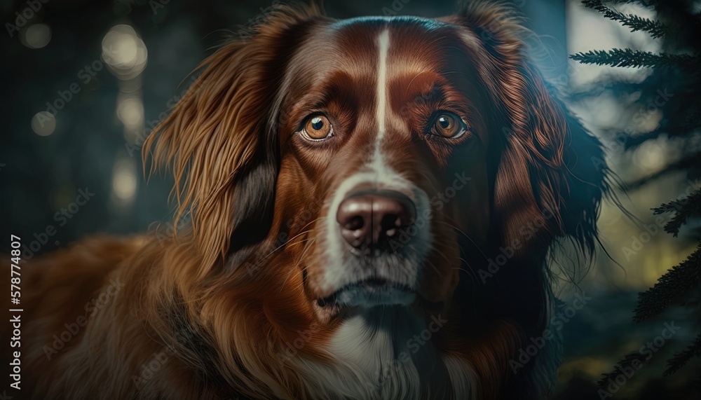  a brown and white dog looking at the camera with a blurry background.  generative ai