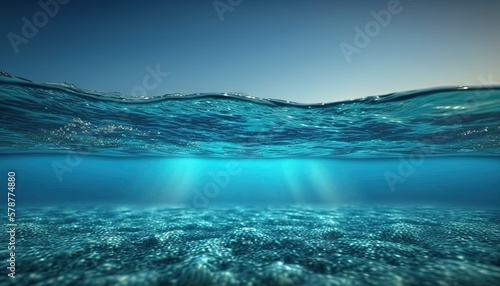  an underwater view of a blue ocean with sunlight coming through the water.  generative ai