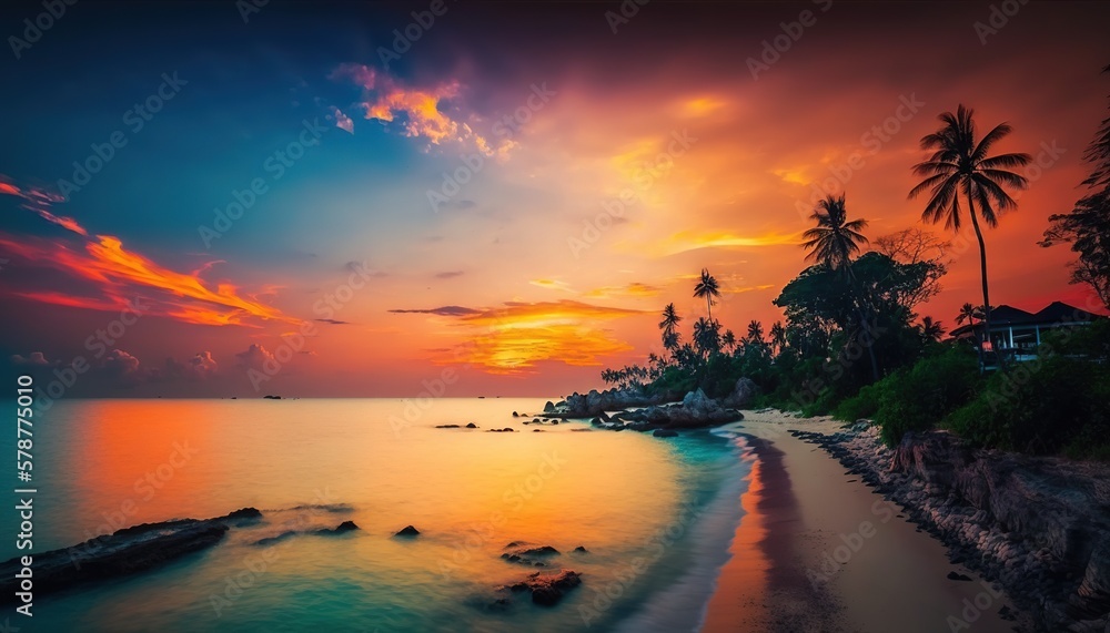  a beautiful sunset over the ocean with palm trees and a beach.  generative ai