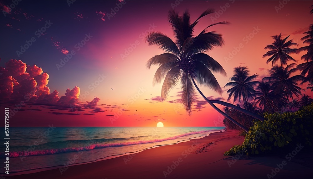  a painting of a tropical sunset with palm trees on the beach.  generative ai
