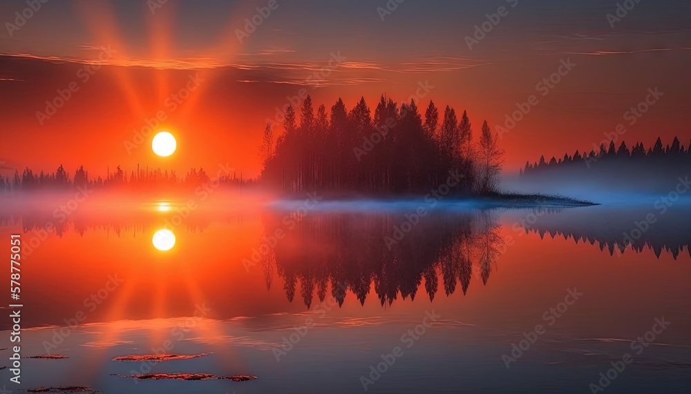  the sun is setting over a lake with trees in the background.  generative ai
