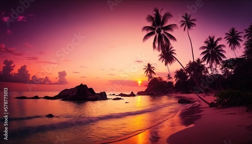  a beach with palm trees and a sunset in the background. generative ai
