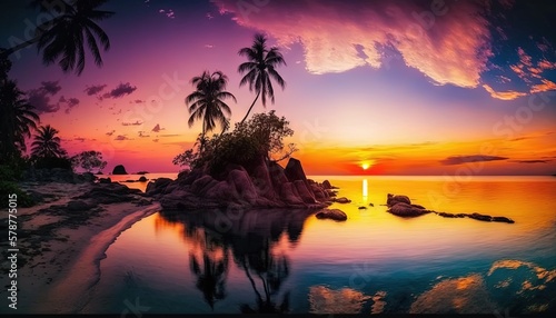  a beautiful sunset with palm trees and a small island in the middle of the ocean. generative ai