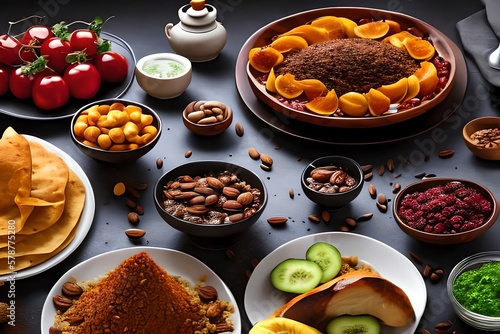 Ramadan Food Still Life. Islam Fasting And Arabian Muslim Fruit Dinner On Table Background. Generative AI