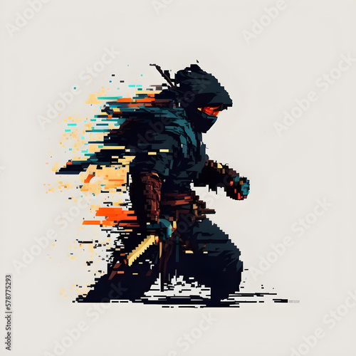 walking black ninja with a knife on a gray background, bright colors, pixel style