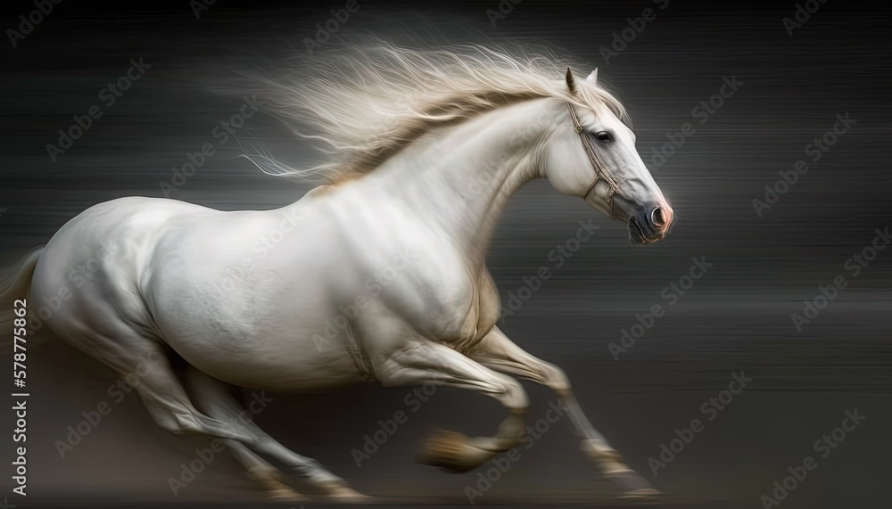  a white horse is galloping on a black and white background.  generative ai