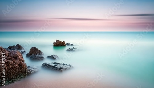 a long exposure photo of the ocean with rocks in the foreground. generative ai