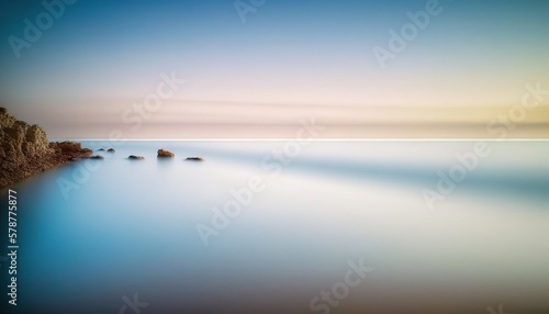  a long exposure photo of a body of water with rocks in the foreground.  generative ai