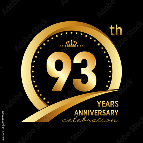 93th Anniversary logo design with golden ring for anniversary celebration event, invitation, wedding, greeting card, banner, poster, flyer, brochure. Logo Vector Template