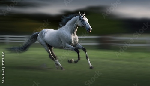  a white horse galloping in a field of green grass.  generative ai
