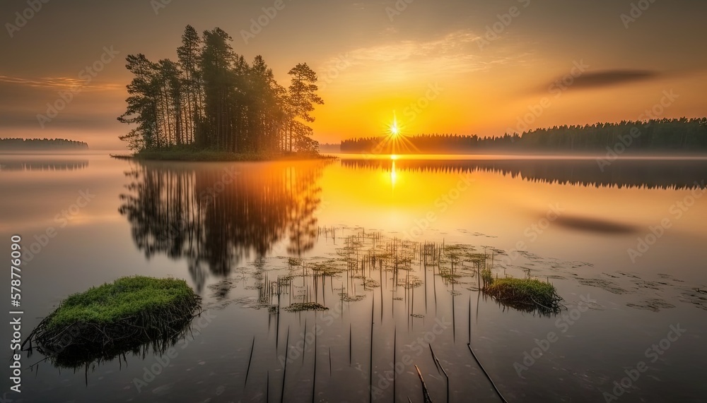 the sun is setting over a lake with a small island in the middle. generative ai the sun is setting over a lake with a small island in the middle. generative ai