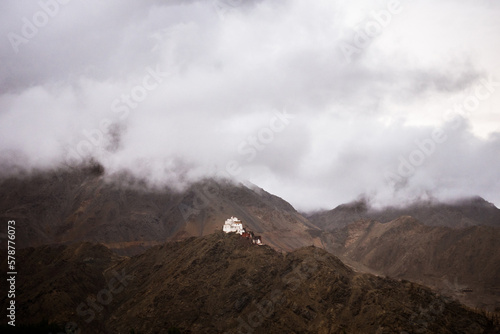 Buddhist monastery on a mountain on a cloudy day