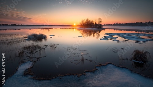  the sun is setting over a lake with ice on the water.  generative ai