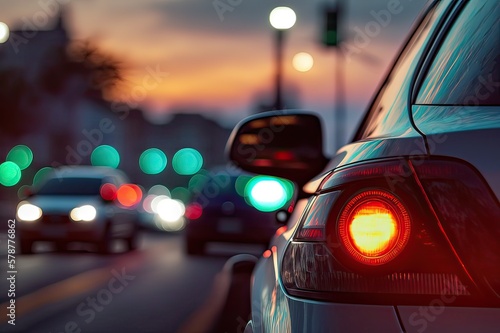 Car rear headlight against blurred traffic lights at dusk, Photo generative AI © pixardi