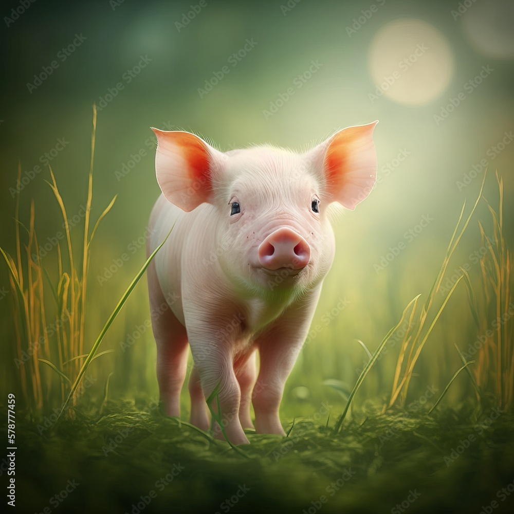 a little pig standing in a field of grass with a bright light in the background. generative ai a little pig standing in a field of grass with a bright light in the background. generative ai