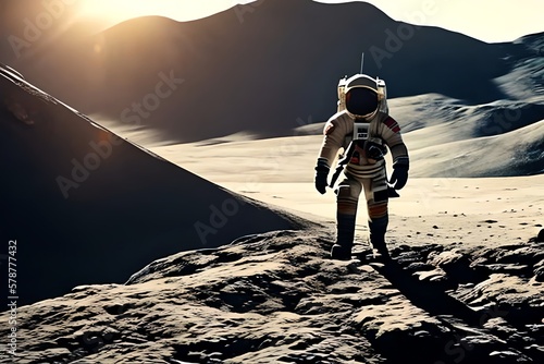 Astronaut Exploring Moon With Mountains And Sun, Created Using Technology. Generative AI