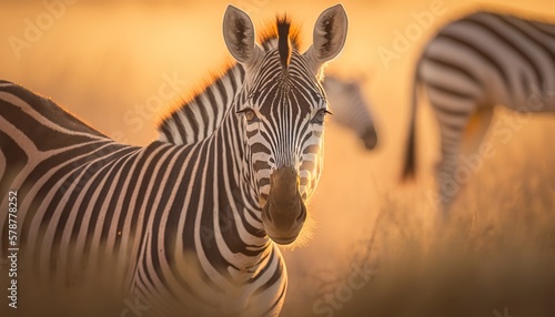  a couple of zebra standing next to each other on a field.  generative ai