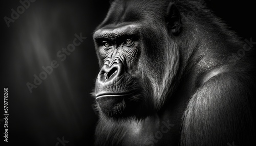  a black and white photo of a gorilla in the dark. generative ai