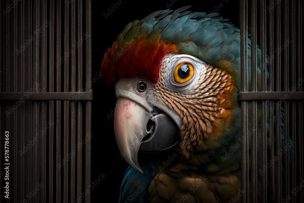 Portrait of parrot behind bars in lattice cage. Concept Unlawful