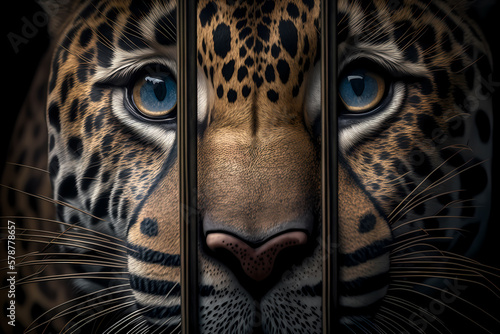 Portrait of leopard behind bars in lattice cage. Concept Unlawful smuggling of exotic animals  illegal zoo. Generation AI