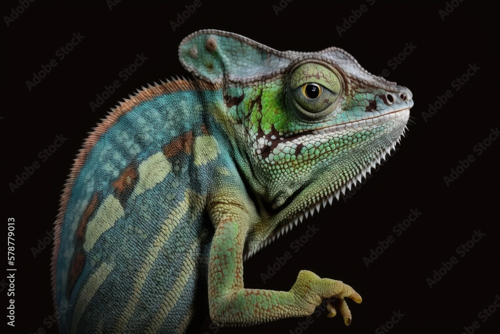 Fototapeta premium The chameleon is staring unblinkingly ahead against the gray background. Generative AI