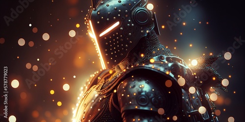 Leinwand Poster Knight helmet knight armor glowing eyes blurred background Generative AI