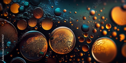 Close-up shot of round rain water drops illuminated by light Generative AI
