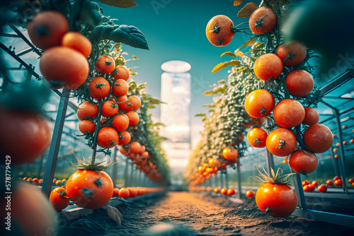 Industrial modern 4.0 greenhouse to grow tomatoes with robots drone. Concept technology innovations farming. Generation AI.