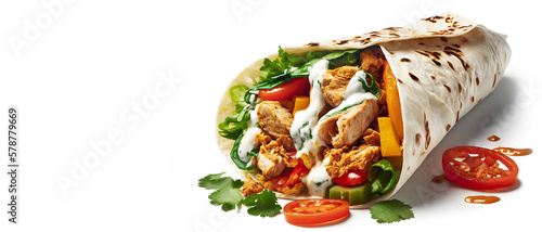 Shawarma or Doner with chicken roll on isolated white background. Turkish Fast Food . Generation AI.