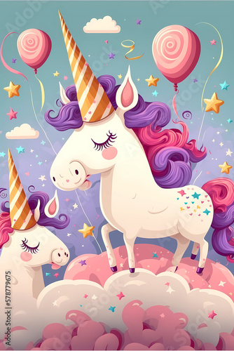 birthday background with unicorns for cards or invitation. Generative AI