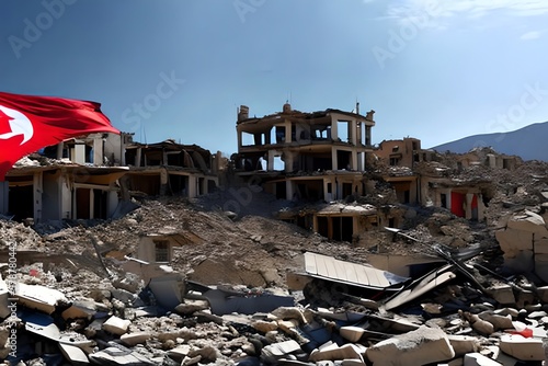 Earthquake Ruined Buildings With National Turkey Flag On Ruins, Rubble And Debris Of Buildings Destroyed By Strong Tremor. Dramatic Atmosphere Of Destroyed Houses With Red Turkish Flag. Generative AI