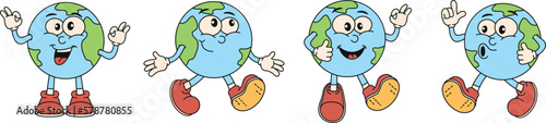 Character cartoon retro planet Earth. The concept of earth day and save the planet. Environment. Clockwork illustration in the style of the 70s. Vector illustration.