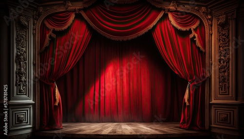 A stage in theater with red velvet curtains and wooden floor. Generative AI illustration.