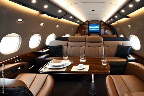 Interior Of Luxurious Private Jet With Leather Seats. Generative AI