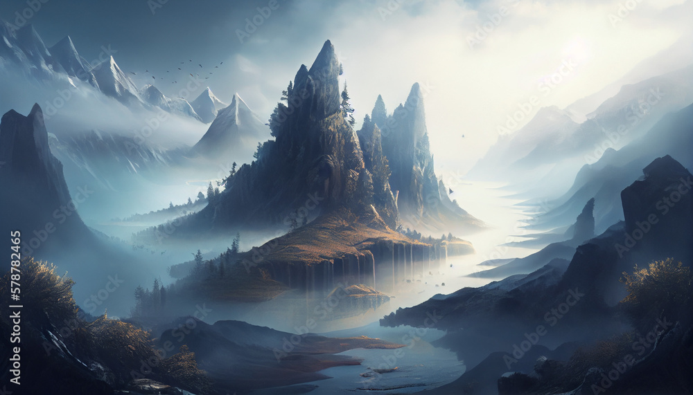 High mountains in the midst of fog nature, generative ai