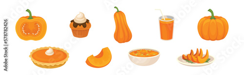 Pumpkin Dish and Food with Ripe Bright Orange Crop Vector Set