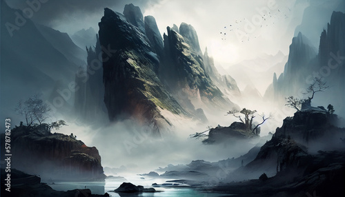 High mountains in the midst of fog nature, generative ai © TheGoldTiger