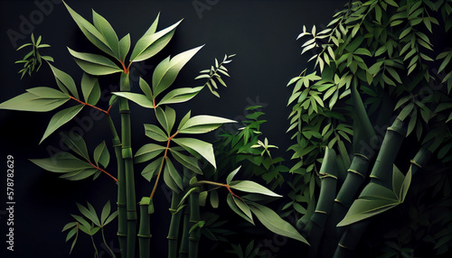 Green bamboo shoots grow against green background  generative ai
