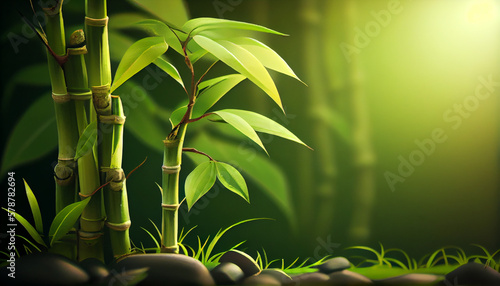 Green bamboo shoots grow against green background, generative ai © TheGoldTiger