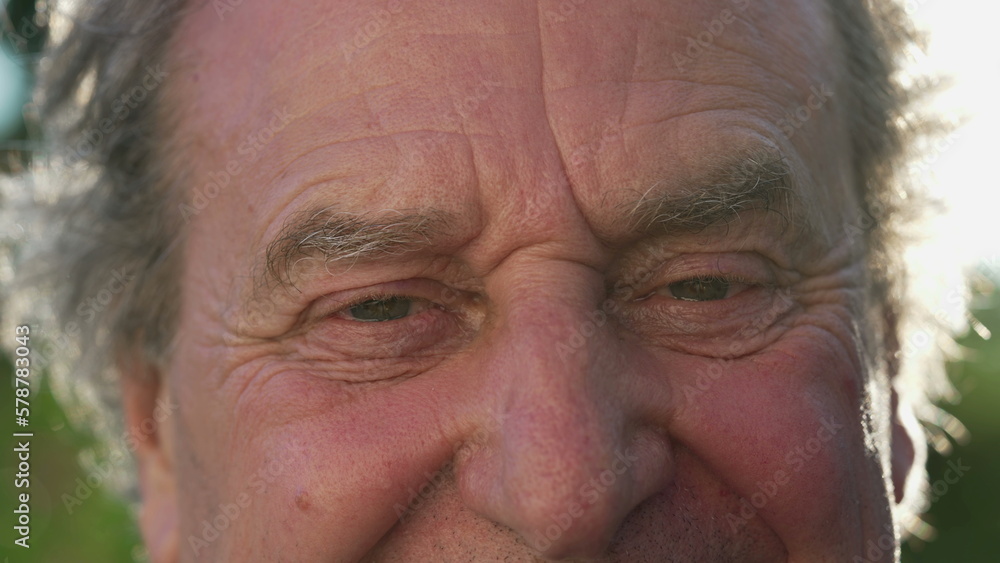 One happy senior man eyes macro close up. Portrait of a mature older male person in 70s smiling outdoors One happy senior man eyes macro close up. Portrait of a mature older male person in 70s smiling outdoors