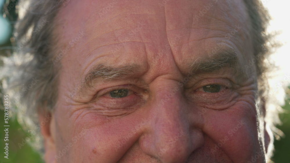 One happy senior man eyes macro close up. Portrait of a mature older male person in 70s smiling outdoors One happy senior man eyes macro close up. Portrait of a mature older male person in 70s smiling outdoors