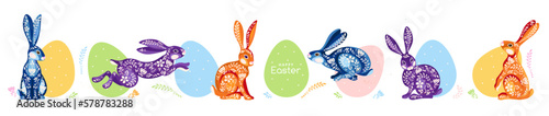 Lovely Easter horizontal seamless pattern, cute jumping colorful rabbirs and pastel color eggs, floral ornament, great for banners, wallpaper, wrapping, greeting card, poster - flat vector design