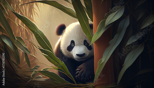 Shy panda hiding behind some bamboo leaves, generative ai