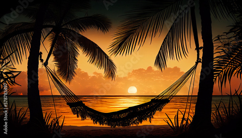 A tropical beach at sunset with a hammoct under two palms, generative ai © TheGoldTiger