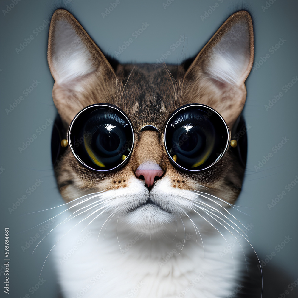 The cat in sunglasses looks straight ahead, light gray background. generative AI
